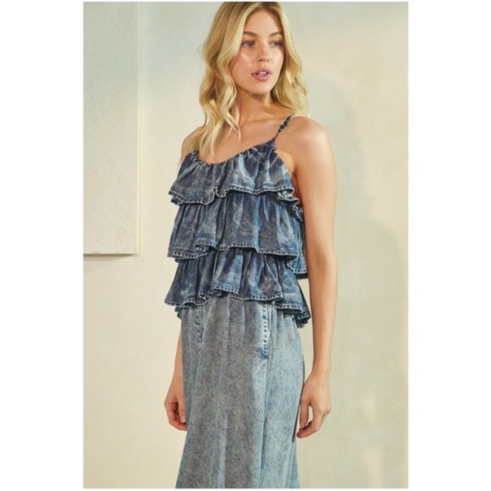 Oli & Hali Medium Wash Tencel Ruffle Detail Wide leg Jumpsuit - Picture 3 of 5